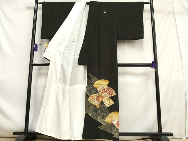 平和屋着物■豪華黒留袖 駒刺繍 扇面鳳凰花文 金彩 正絹 逸品 AABE3259oa