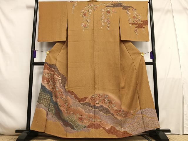 平和屋着物■訪問着　絞り　枝垂れ花文　暈し染め　金彩　正絹　逸品　AABE3267oa