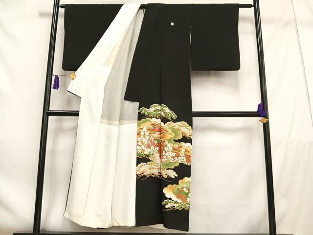 平和屋着物■豪華黒留袖　駒刺繍　雲取り風景松文　暈し染め　金銀彩　金銀糸　正絹　逸品　AABE3283oa