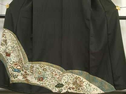 平和屋着物■豪華黒留袖 駒刺繍 草花文 金彩 正絹 逸品 AABE3312oa