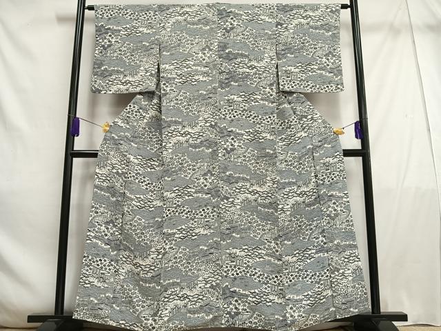 平和屋着物■上質な小紋　風景草花文　鬼しぼ縮緬　正絹　逸品　AABE3319oa