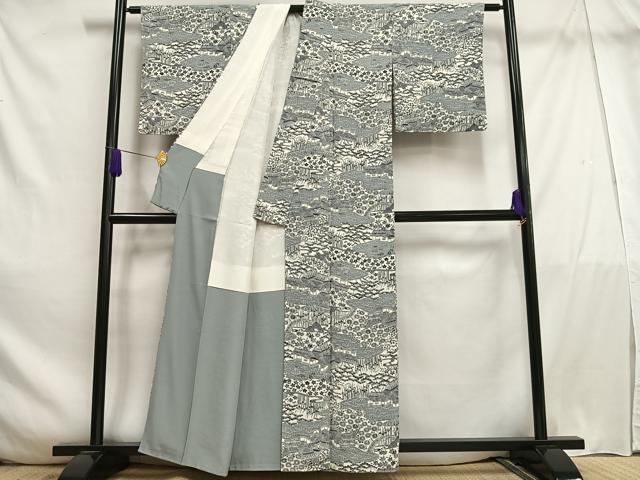 平和屋着物■上質な小紋　風景草花文　鬼しぼ縮緬　正絹　逸品　AABE3319oa