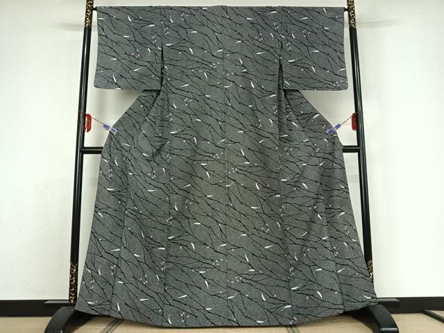 平和屋着物▽小紋 単衣 枝花文 黒地 洗える着物 AABE3362jh