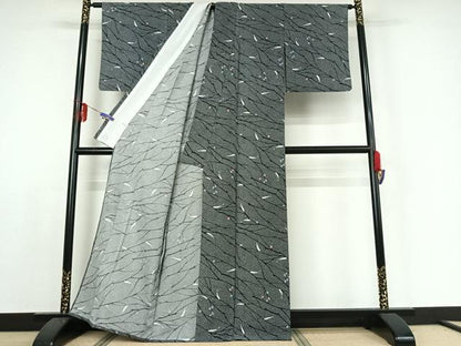 平和屋着物▽小紋 単衣 枝花文 黒地 洗える着物 AABE3362jh