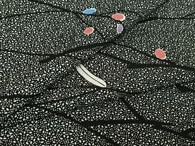 平和屋着物▽小紋 単衣 枝花文 黒地 洗える着物 AABE3362jh