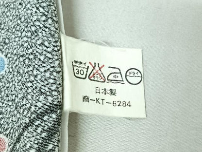 平和屋着物▽小紋 単衣 枝花文 黒地 洗える着物 AABE3362jh