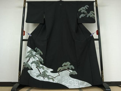 平和屋着物▽訪問着 単衣 流水松文 黒地 金銀彩 洗える着物 AABE3363jh