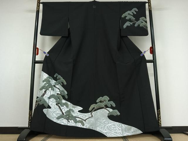 平和屋着物▽訪問着 単衣 流水松文 黒地 金銀彩 洗える着物 AABE3363jh