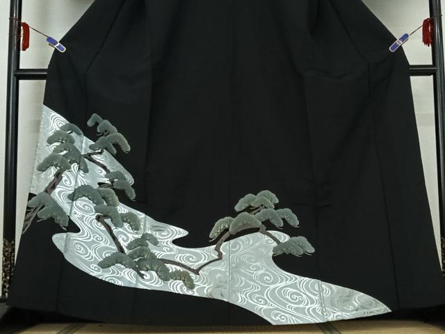 平和屋着物▽訪問着 単衣 流水松文 黒地 金銀彩 洗える着物 AABE3363jh
