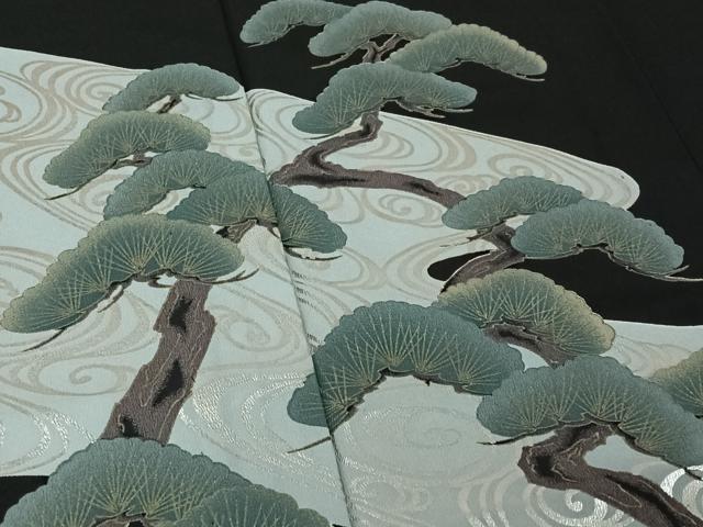 平和屋着物▽訪問着 単衣 流水松文 黒地 金銀彩 洗える着物 AABE3363jh