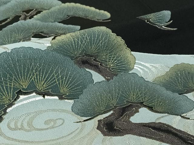 平和屋着物▽訪問着 単衣 流水松文 黒地 金銀彩 洗える着物 AABE3363jh