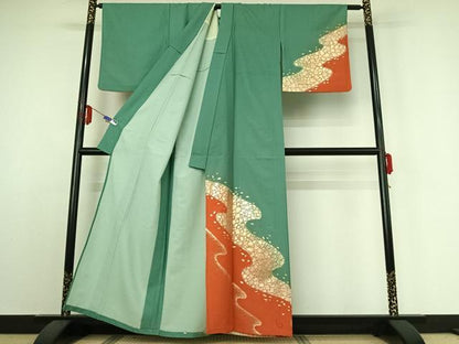 平和屋着物▽訪問着 単衣 流水箔散らし 暈し染め 金彩 洗える着物 AABE3366jh