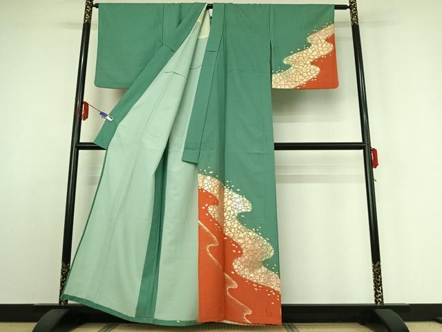 平和屋着物▽訪問着 単衣 流水箔散らし 暈し染め 金彩 洗える着物 AABE3366jh