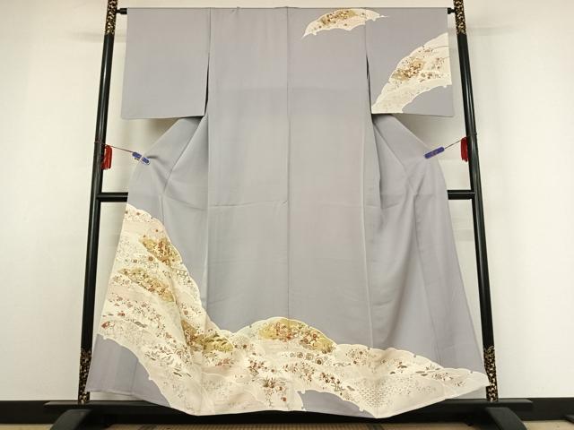 平和屋着物▽訪問着 単衣 駒刺繍 雪輪吉祥花文 桜鼠色地 金彩 正絹 逸品 AABE3372jh
