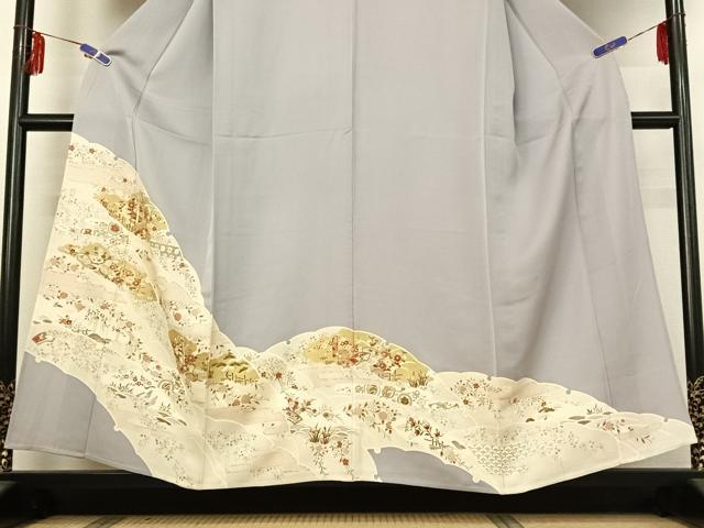 平和屋着物▽訪問着 単衣 駒刺繍 雪輪吉祥花文 桜鼠色地 金彩 正絹 逸品 AABE3372jh