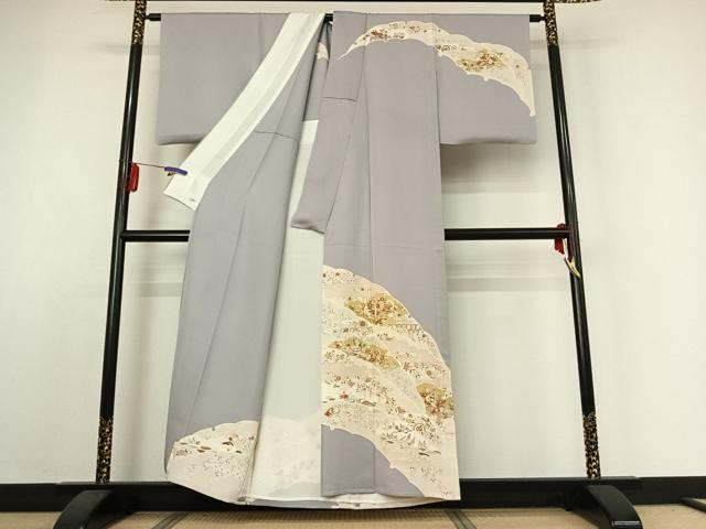 平和屋着物▽訪問着 単衣 駒刺繍 雪輪吉祥花文 桜鼠色地 金彩 正絹 逸品 AABE3372jh