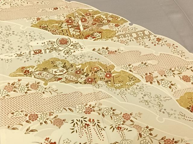 平和屋着物▽訪問着 単衣 駒刺繍 雪輪吉祥花文 桜鼠色地 金彩 正絹 逸品 AABE3372jh