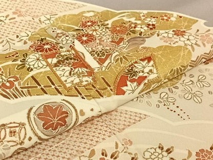 平和屋着物▽訪問着 単衣 駒刺繍 雪輪吉祥花文 桜鼠色地 金彩 正絹 逸品 AABE3372jh