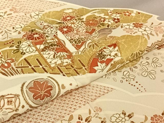 平和屋着物▽訪問着 単衣 駒刺繍 雪輪吉祥花文 桜鼠色地 金彩 正絹 逸品 AABE3372jh