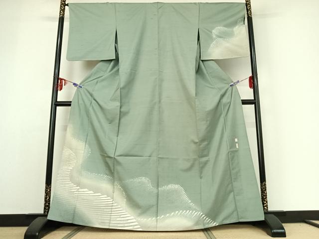 平和屋着物▽石川県指定無形文化財 牛首紬 白山工房 手織り 訪問着 単衣 作家物 紬地 流水文 正絹 逸品 AABE3373jh