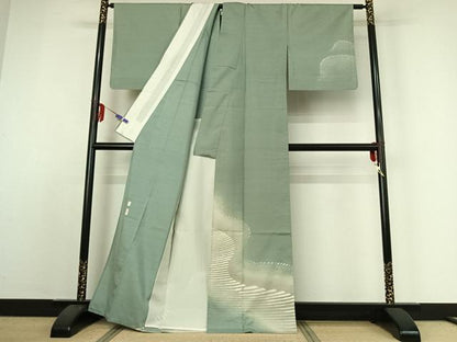 平和屋着物▽石川県指定無形文化財 牛首紬 白山工房 手織り 訪問着 単衣 作家物 紬地 流水文 正絹 逸品 AABE3373jh
