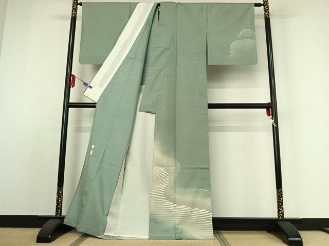 平和屋着物▽石川県指定無形文化財 牛首紬 白山工房 手織り 訪問着 単衣 作家物 紬地 流水文 正絹 逸品 AABE3373jh