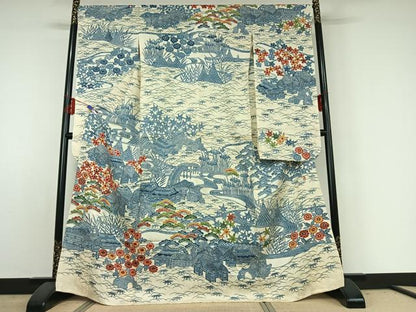 平和屋着物▽和染紅型 栗山紅型 栗山吉三郎 振袖 単衣 型染め 松竹梅風景文 高島屋扱い 正絹 逸品 AABE3383jh