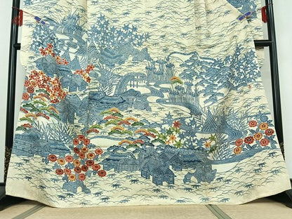 平和屋着物▽和染紅型 栗山紅型 栗山吉三郎 振袖 単衣 型染め 松竹梅風景文 高島屋扱い 正絹 逸品 AABE3383jh