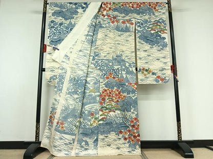平和屋着物▽和染紅型 栗山紅型 栗山吉三郎 振袖 単衣 型染め 松竹梅風景文 高島屋扱い 正絹 逸品 AABE3383jh
