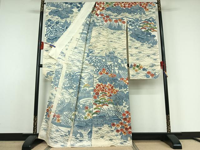 平和屋着物▽和染紅型 栗山紅型 栗山吉三郎 振袖 単衣 型染め 松竹梅風景文 高島屋扱い 正絹 逸品 AABE3383jh