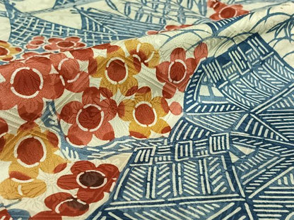 平和屋着物▽和染紅型 栗山紅型 栗山吉三郎 振袖 単衣 型染め 松竹梅風景文 高島屋扱い 正絹 逸品 AABE3383jh