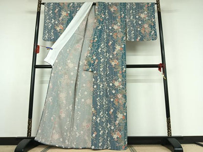 平和屋着物▽上質な小紋 単衣 草花文 金彩 鬼しぼ縮緬 正絹 逸品 AABE3384jh