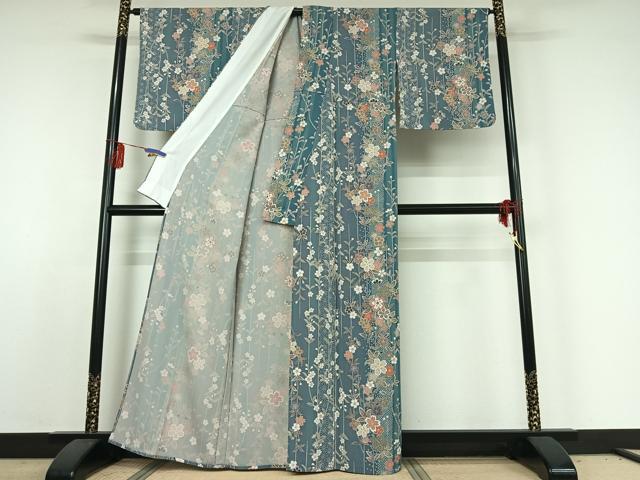 平和屋着物▽上質な小紋 単衣 草花文 金彩 鬼しぼ縮緬 正絹 逸品 AABE3384jh