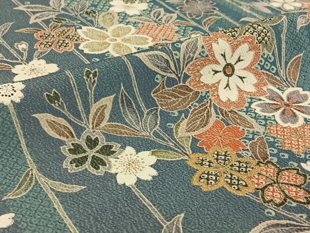 平和屋着物▽上質な小紋 単衣 草花文 金彩 鬼しぼ縮緬 正絹 逸品 AABE3384jh