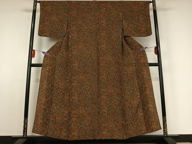 平和屋着物▽上質な小紋 単衣 亀甲花文 鬼しぼ縮緬 正絹 逸品 AABE3385jh