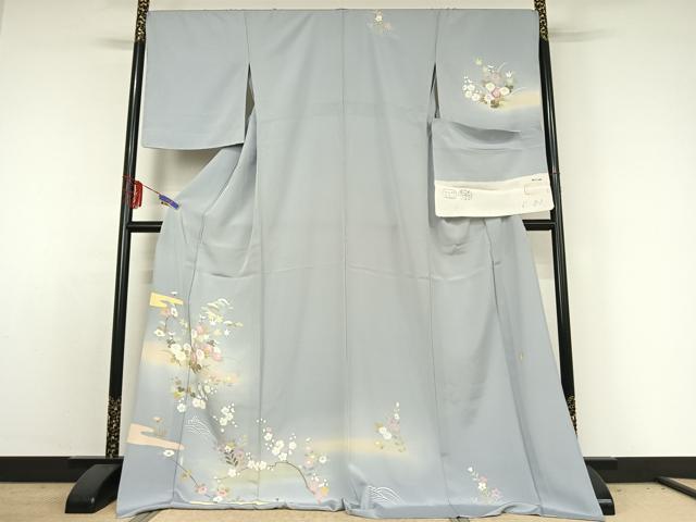 平和屋着物▽訪問着　単衣　作家物　流水花文　暈し染め　反端付き　ロング丈　正絹　逸品　AABE3386jh 平和屋着物▽訪問着 単衣 作家物 流水花文 暈し染め