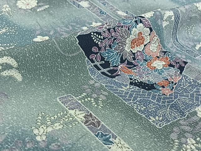 平和屋着物▽上質な小紋 単衣 色紙花文 暈し染め 鬼しぼ縮緬 正絹 逸品 AABE3387jh