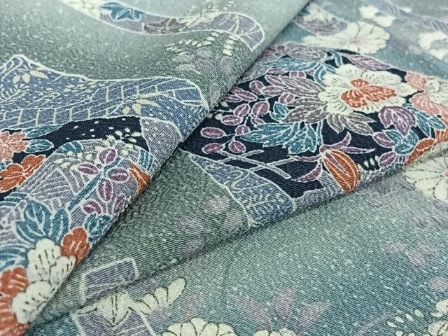 平和屋着物▽上質な小紋 単衣 色紙花文 暈し染め 鬼しぼ縮緬 正絹 逸品 AABE3387jh