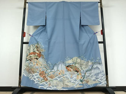 平和屋着物▽色留訪問着 単衣 立波花文 金彩 洗える着物 AABE3388jh