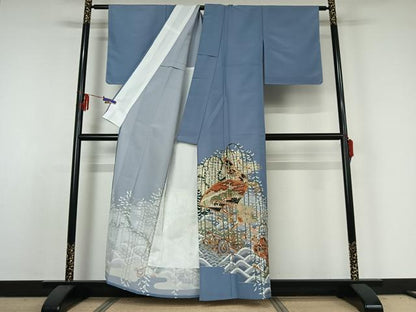 平和屋着物▽色留訪問着 単衣 立波花文 金彩 洗える着物 AABE3388jh