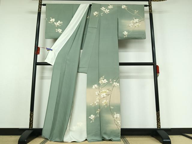 平和屋着物▽訪問着 単衣 枝花文 暈し染め 正絹 逸品 AABE3389jh