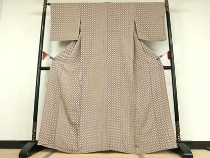 平和屋着物▽お召　単衣　格子　正絹　逸品　AABE3390jh