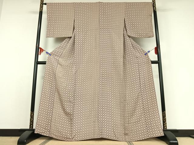 平和屋着物▽お召　単衣　格子　正絹　逸品　AABE3390jh