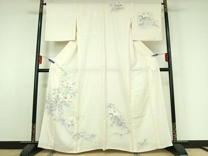 平和屋着物▽訪問着 単衣 手描き 刺繍 枝花文 暈し染め 正絹 逸品 AABE3392jh