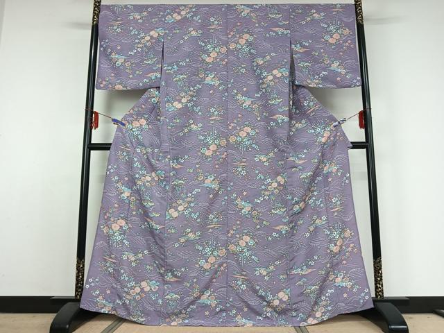 平和屋着物▽小紋 単衣 立波花文 洗える着物 AABE3393jh