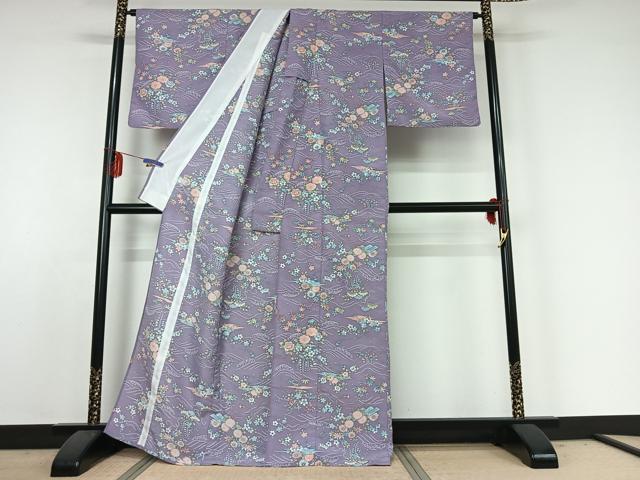 平和屋着物▽小紋 単衣 立波花文 洗える着物 AABE3393jh