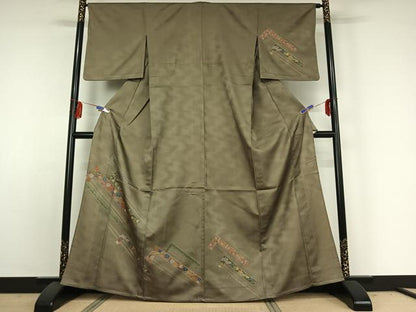 平和屋着物▽訪問着 単衣 幾何学花文 金彩 洗える着物 AABE3395jh