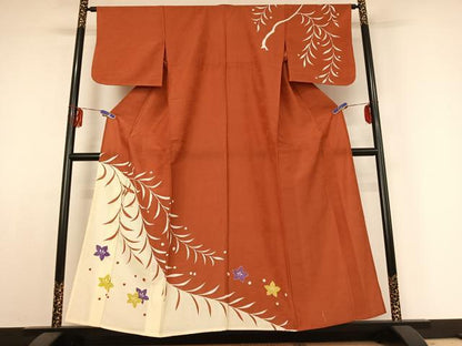 平和屋着物▽訪問着 単衣 草花文 洗える着物 AABE3397jh