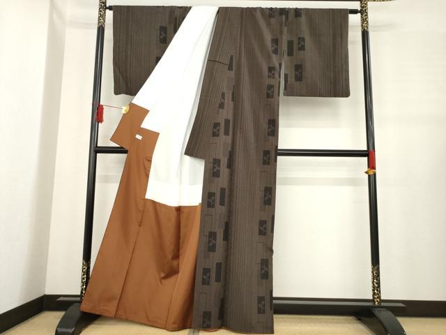 平和屋着物●お召　短冊枝葉文　正絹　逸品　AABE3422ck