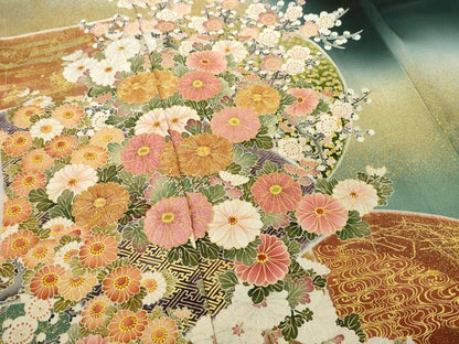 平和屋着物●京友禅の第一人者 松井青々 黒留袖 駒刺繍 地紙花丸文 上代180万 浜ちりめん 金銀彩 仮絵羽 正絹 逸品 未使用 AABE3431ck